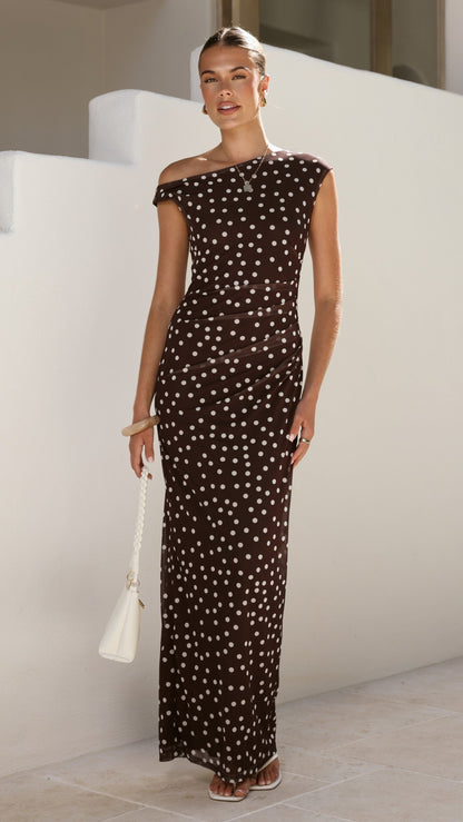 Lilani Maxi Dress - Chocolate/White Polka Dot