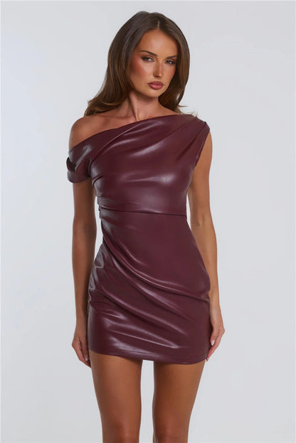 Hot Girl Hour Off Shoulder Faux Leather Mini Dress Wine