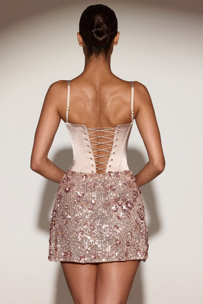 Satin Corset Embellished Skirt Mini Dress in Rose Gold