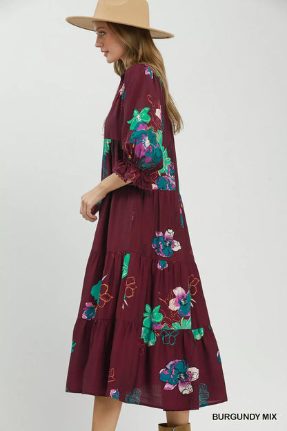 Umgee Floral Print Tiered Midi Dress with Puff Sleeves