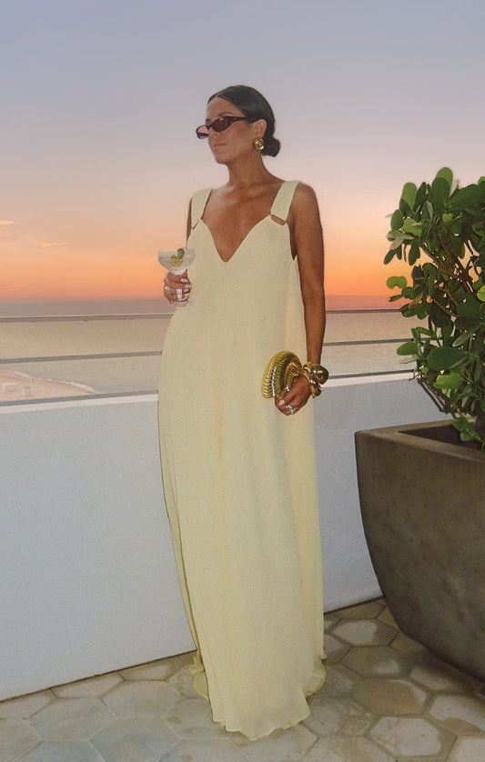 Heidi Maxi Dress ~ Pale Yellow Pleated Chiffon