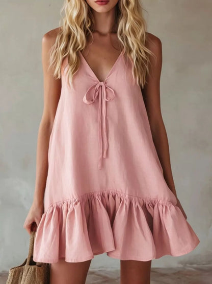 V-Neck Tie Front Ruffle Hem Mini Dress