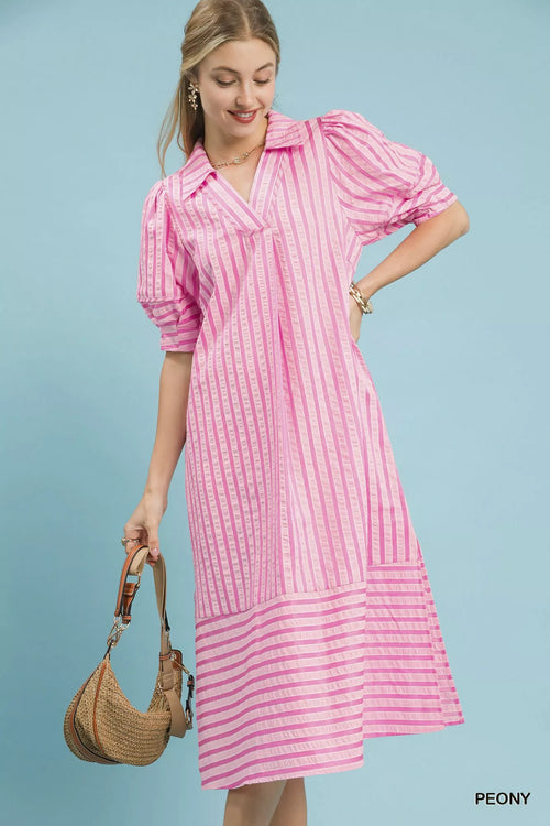 Umgee Striped Puff Sleeve Midi Dress