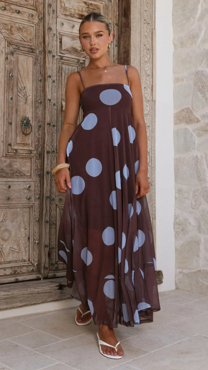 Melinda Mesh Maxi Dress - Brown / Blue Polka Dot