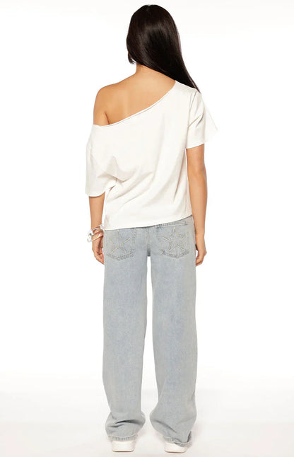 Amelie White Printed Off Shoulder Oversized Tee