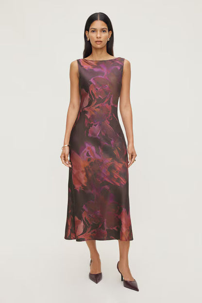 Liora Satin Maxi Slip Dress-Maroon Floral
