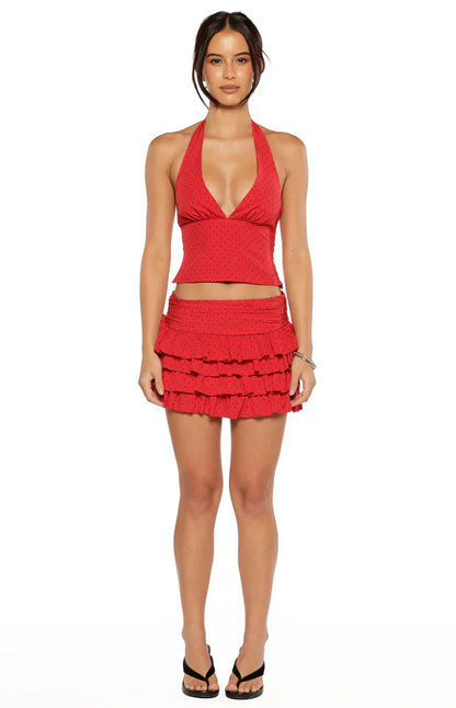 Beau Red Chiffon Polka Dot Halter Neck Top