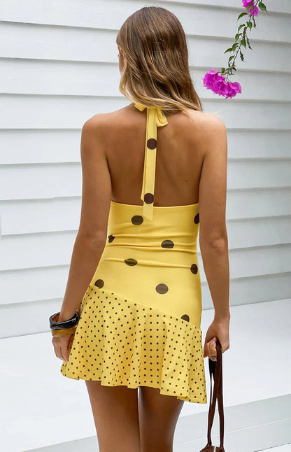 Billy Yellow Polka Dot Cowl Mesh Mini Dress