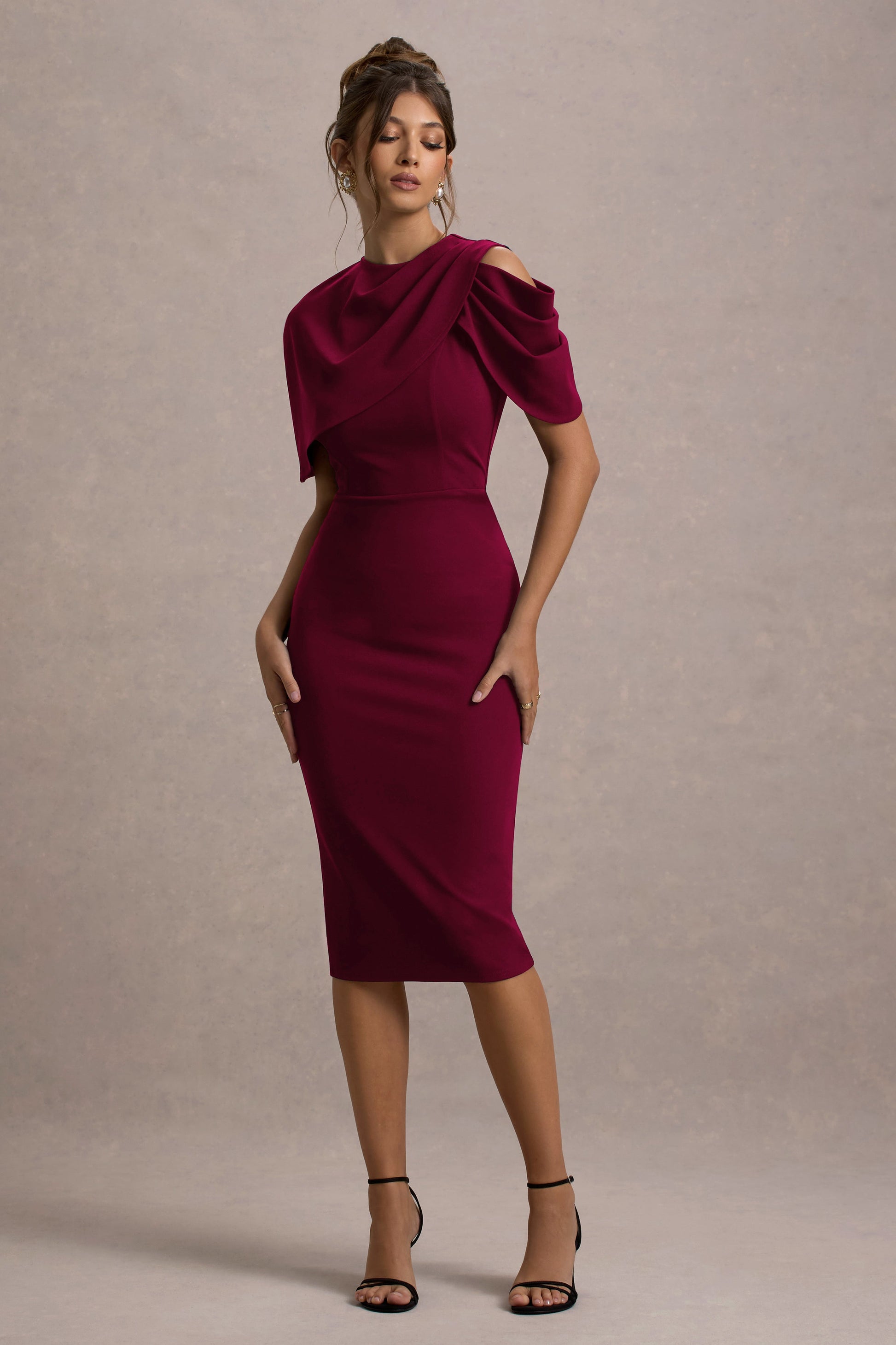 Dorothea | Berry Draped Midi Dress With Cape