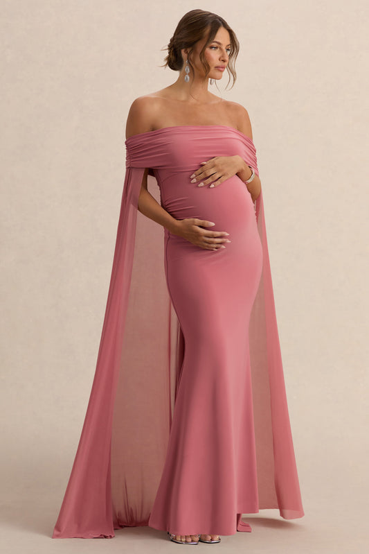 Carlotta | Blush Pink Bardot Maternity Maxi Dress With Chiffon Cape