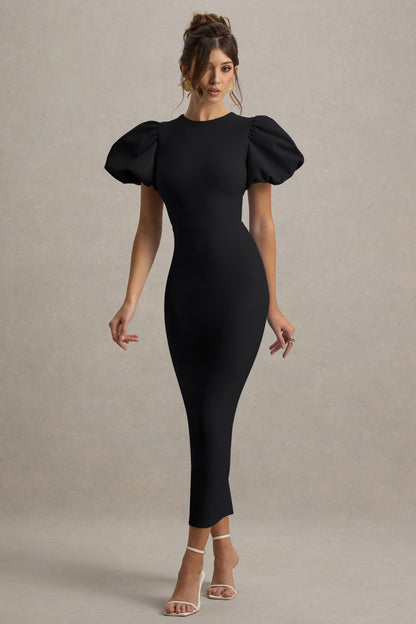 Dakota | Black Puff-Sleeve Midi Dress