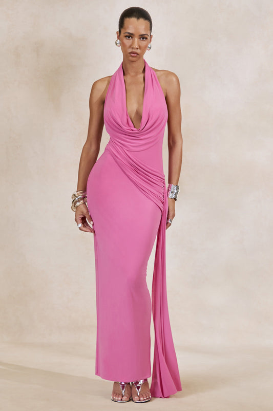 Maude | Pink Plunge-Neck Ruched Maxi Dress With Sash