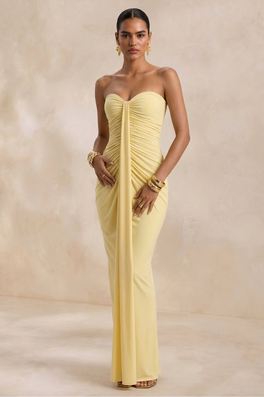 Ali | Lemon Sweetheart Ruched Wrap Maxi Dress