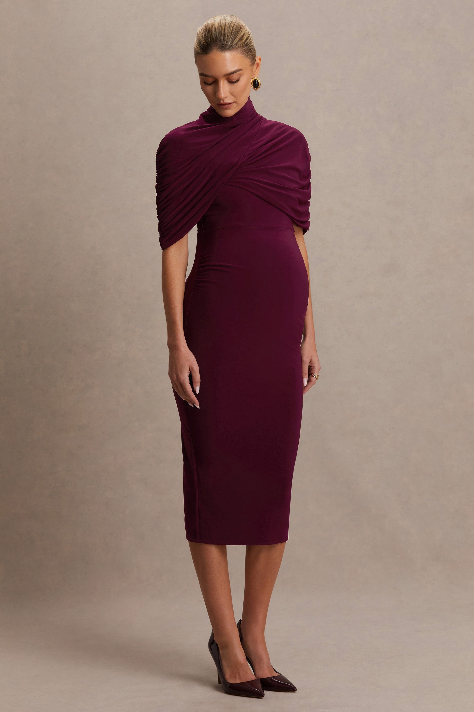 Augustina | Burgundy Maternity Midi Dress With Cape