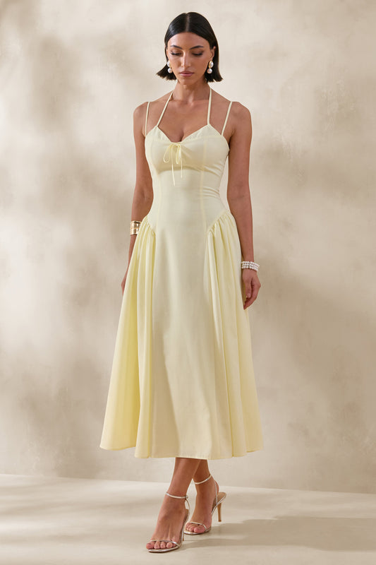 Audrey | Lemon Sweetheart-Neck Midi Dress With Ruching Detail