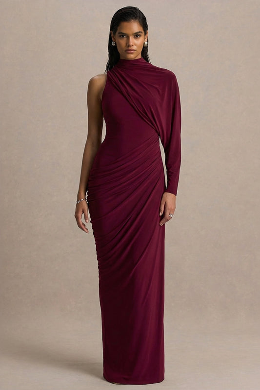 Aphra | Burgundy High-Neck Maxi Dress With Cape-Sleeve