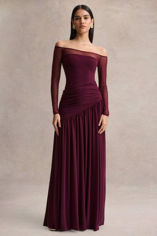 Bexley | Dark Plum Bardot-Neck Maxi Dress With Mesh Sleeves