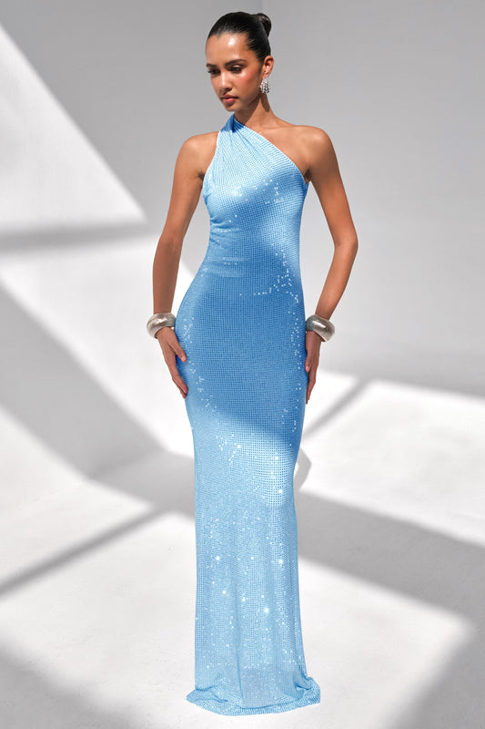 Deity | Powder Blue Hotfix Asymmetric-Neck Maxi Dress With Open-Back