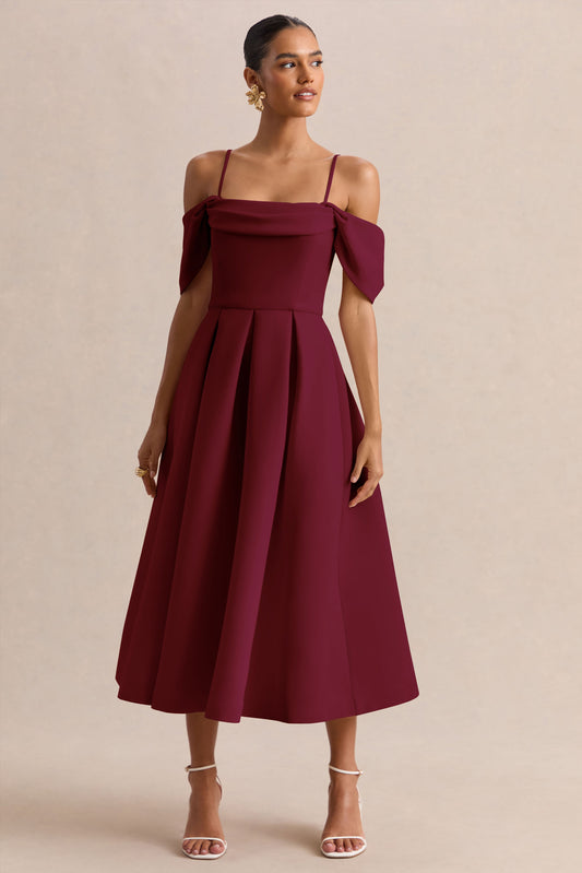 Cosima | Burgundy Bardot-Neck Midi Dress
