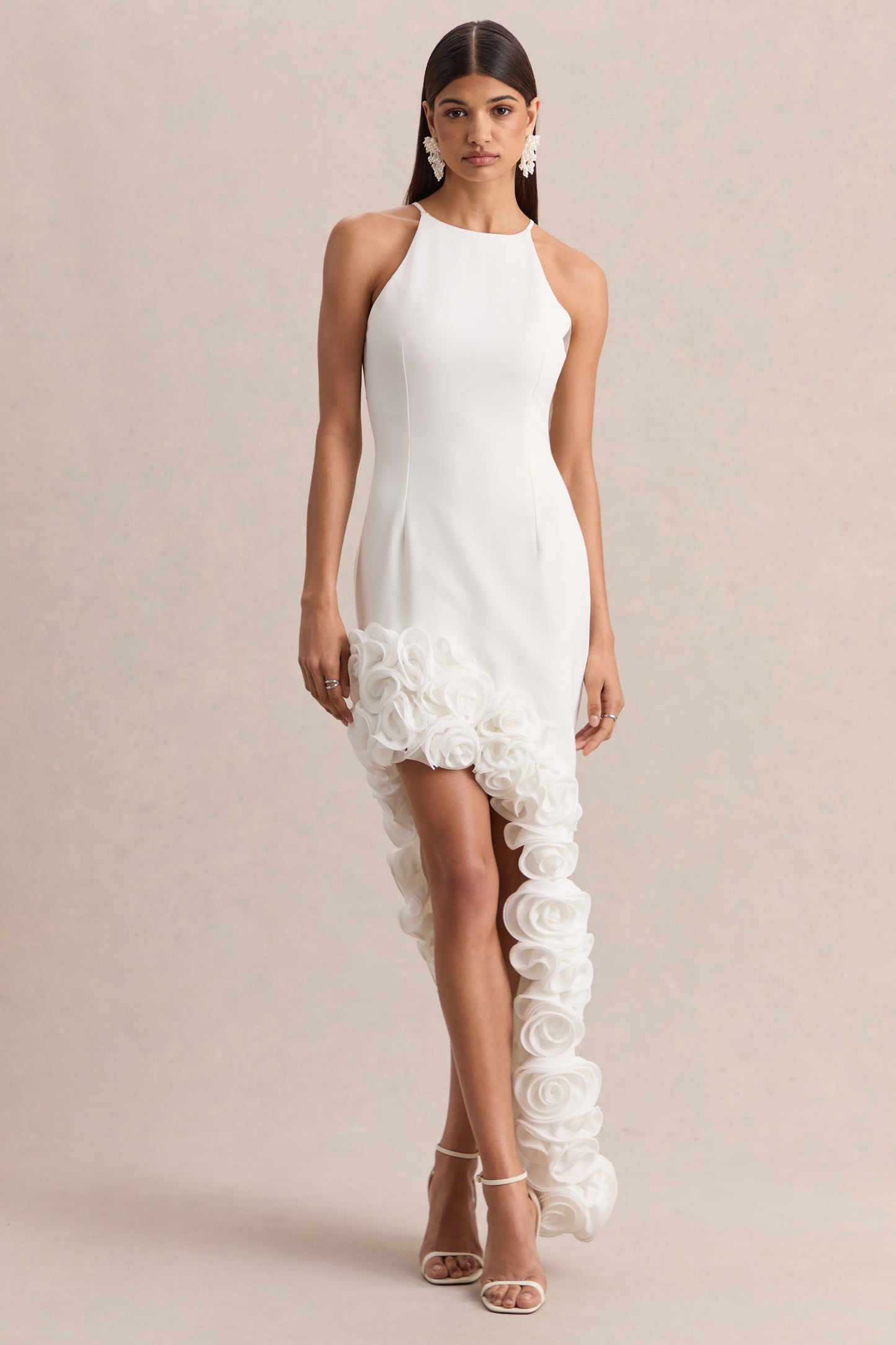 Indira | White Halter-Neck Maxi Dress With Asymmetric-Floral Hem