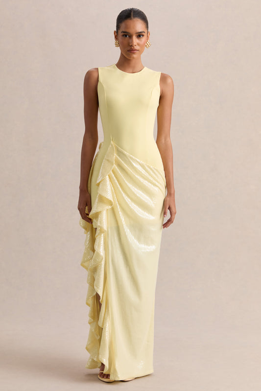 Ada | Lemon Crew-Neck Maxi Dress With Sheer Skirt And Ruffled Detailing