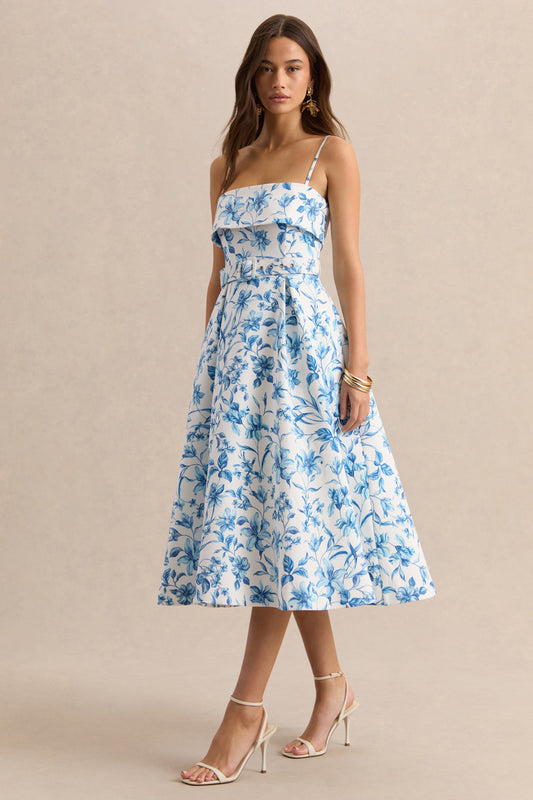Devina | Blue Porcelain Print Square-Neck Belted Midi-Dress