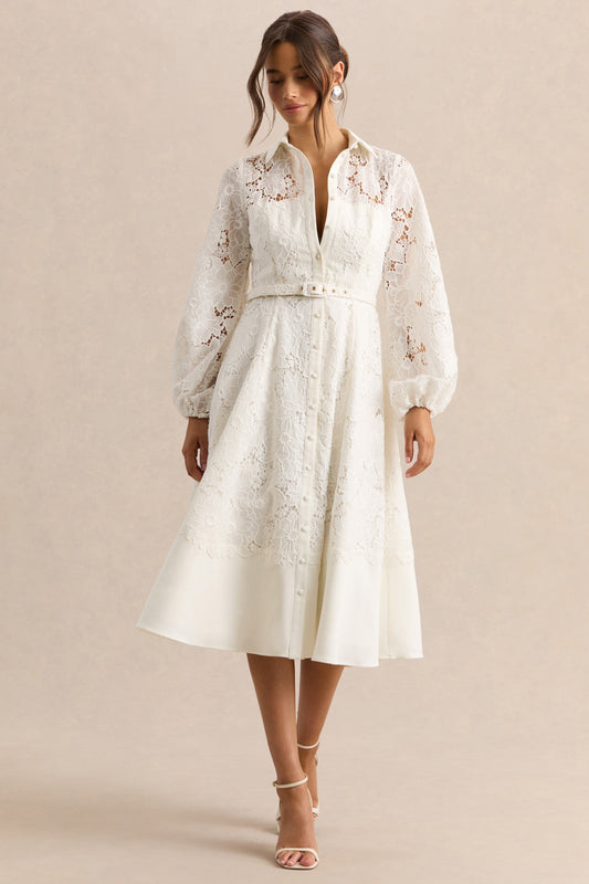Jules | Cream Broderie High-Neck Tailored Midi Dress With Puff-Sleeves