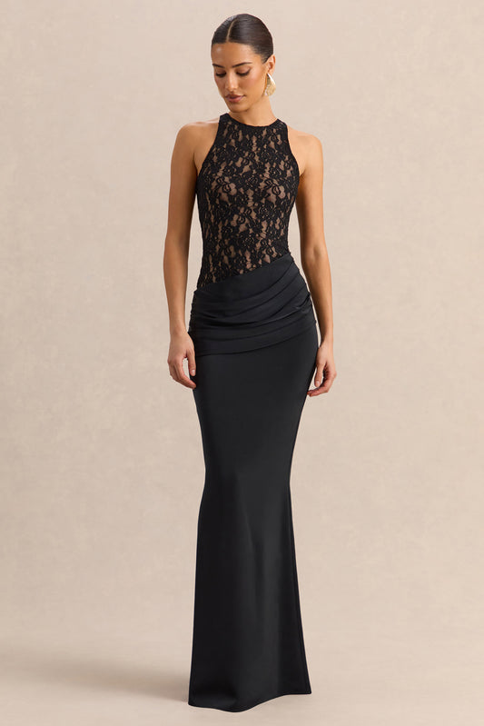 Anthelia | Black Lace And Satin Racer-Neck Maxi Dress With Draped-Detail