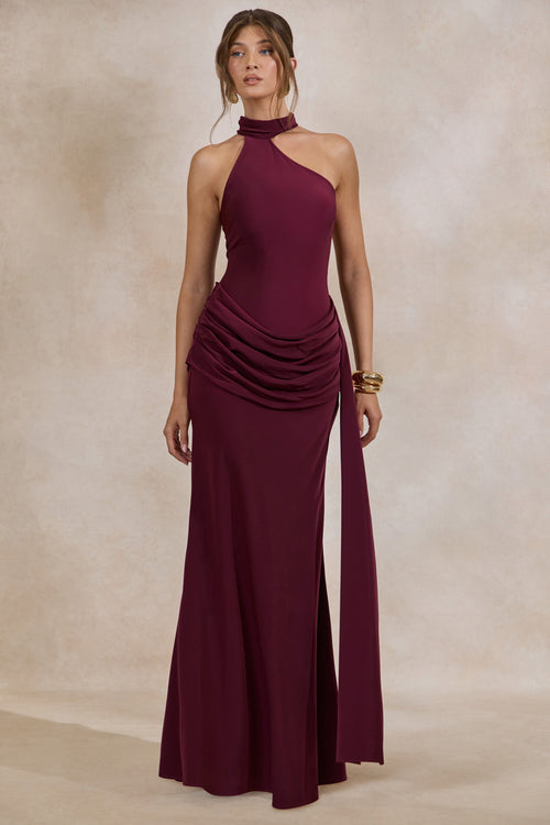 Aevina | Burgundy Satin Asymmetric-Neck Maxi Dress With Scarf-Detail
