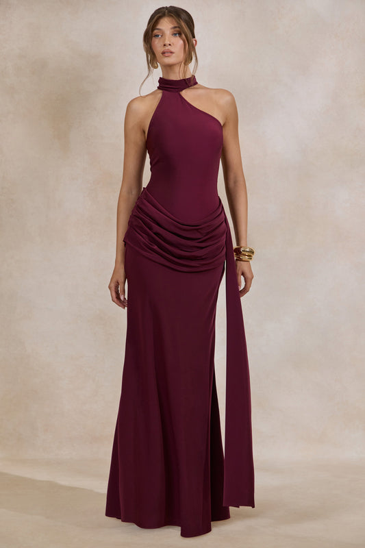 Aevina | Burgundy Satin Asymmetric-Neck Maxi Dress With Scarf-Detail