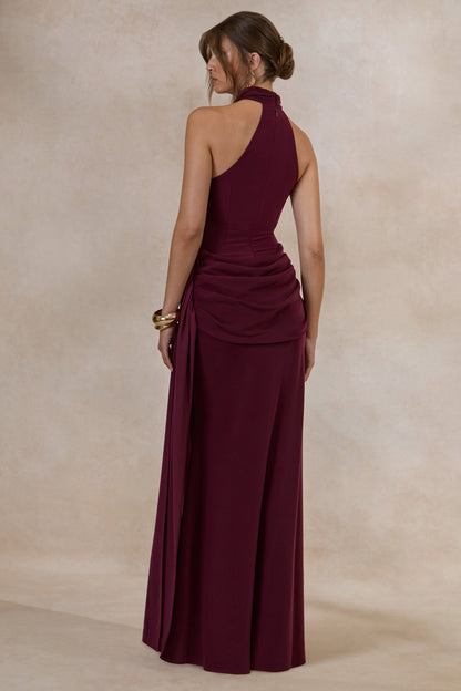 Aevina | Burgundy Satin Asymmetric-Neck Maxi Dress With Scarf-Detail