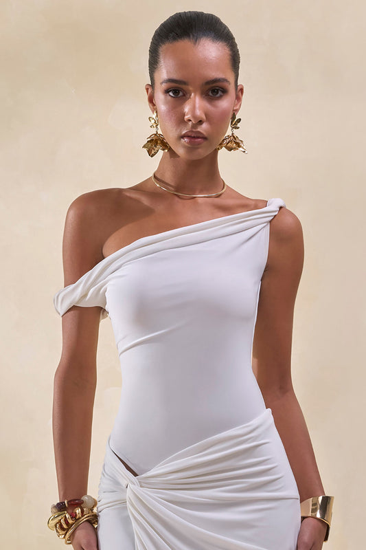 Kesia | White Twisted Asymmetric Thong Bodysuit