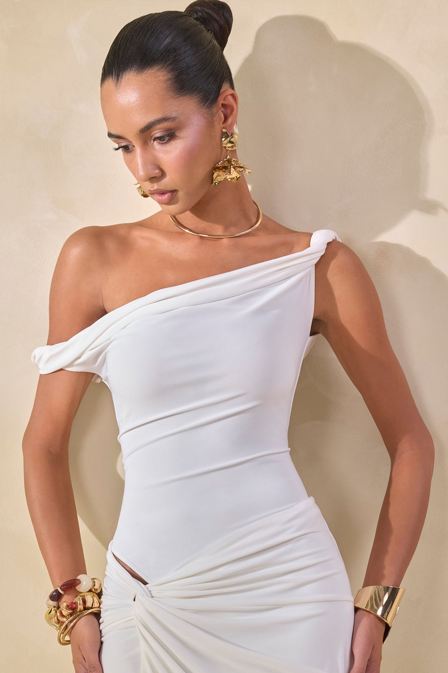 Kesia | White Twisted Asymmetric Thong Bodysuit