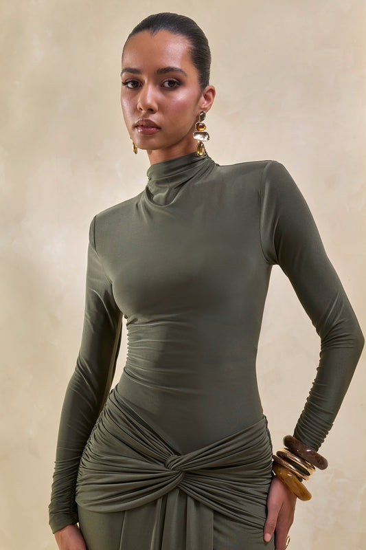 Lyanna | Khaki Turtle-Neck Thong Bodysuit