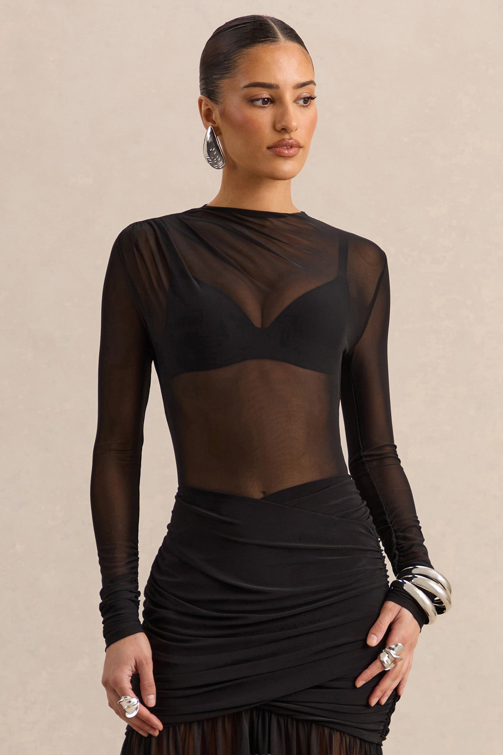 Garina | Black Mesh High-Neck Thong Bodysuit With Long-Sleeves