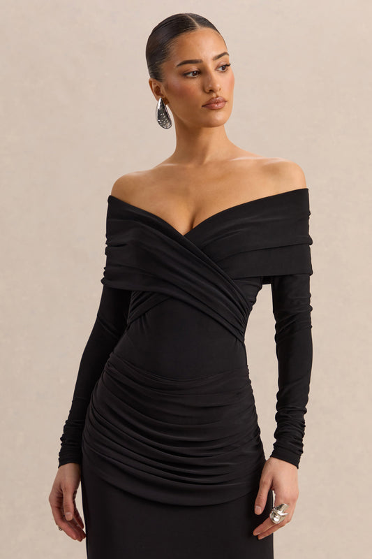 Kaelis | Black Bardot-Neck Thong Bodysuit With Long-Sleeves