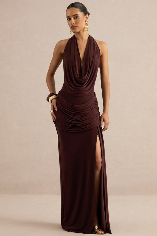 Ariadne | Dark Brown Draped Maxi Skirt With Split