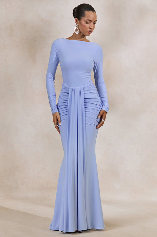 Liatris | Light Blue Wide-Neck Maxi-Dress With Gathered-Detailing