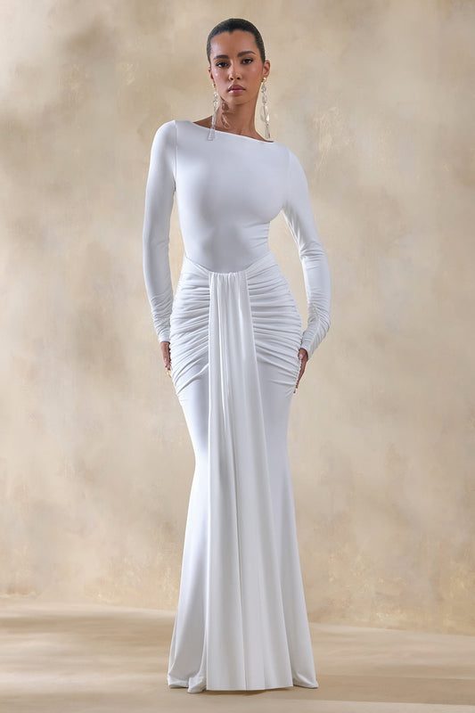 Liatris | White Wide-Neck Maxi-Dress With Gathered-Detailing