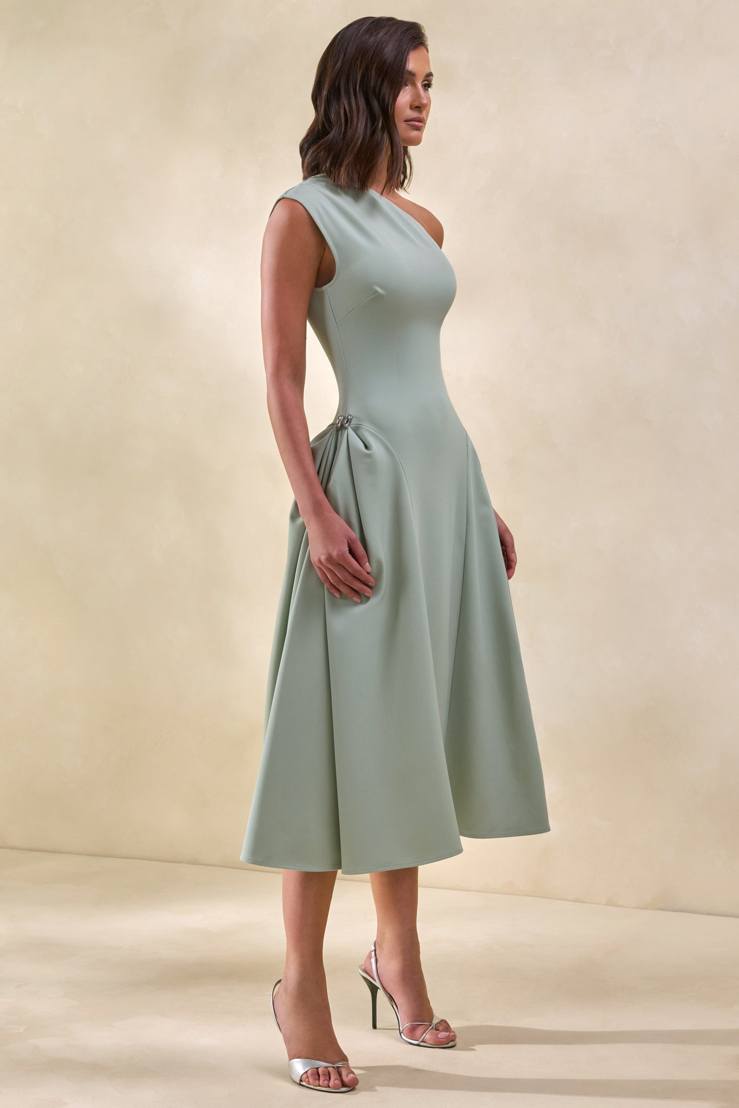 Celosia | Sage Asymmetric-Neck Midi Dress With Silver Detailing