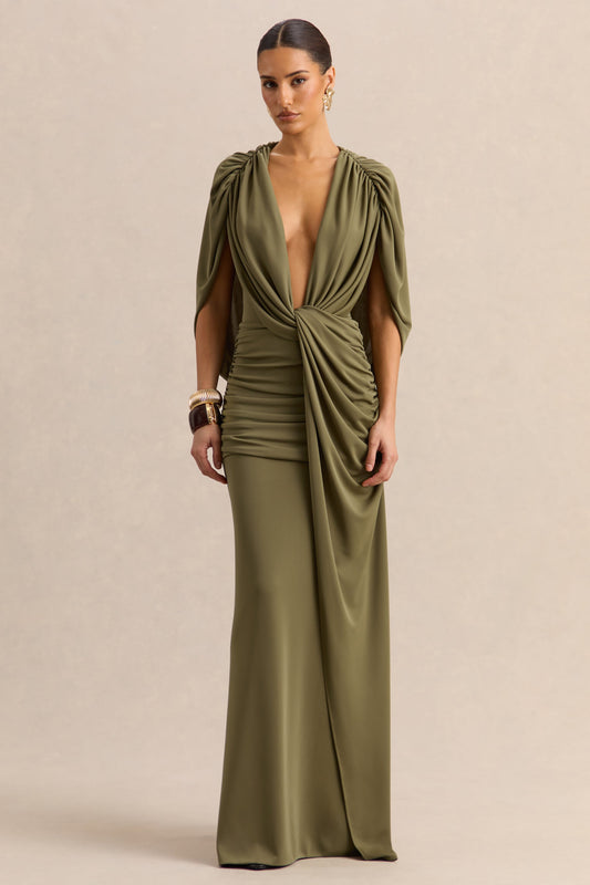 Marisea | Green Plunge-Neck Maxi Dress With Cape-Sleeves