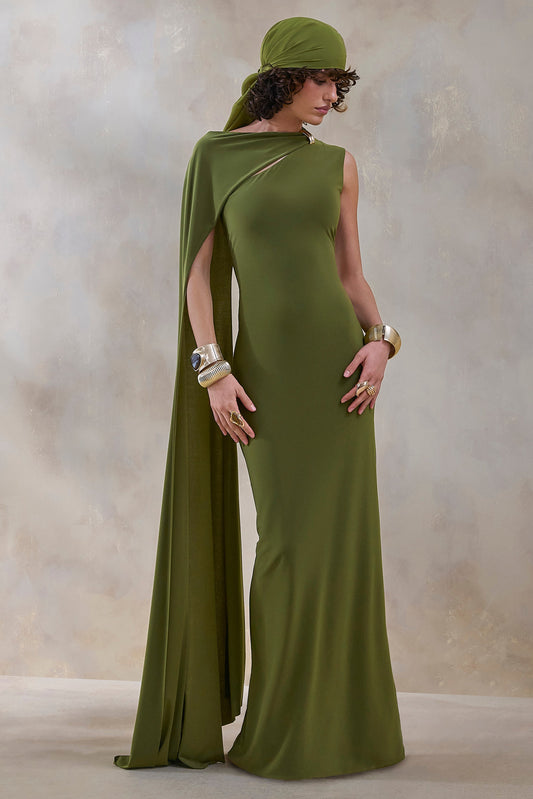 Isdelia | Green Asymmetric-Neck Maxi Dress With Cape-Sleeve