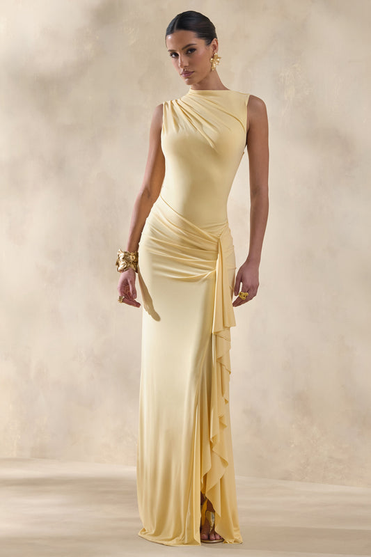 Helessia | Lemon Asymmetric-Neck Maxi Dress With Gathered-Detailing And Sash