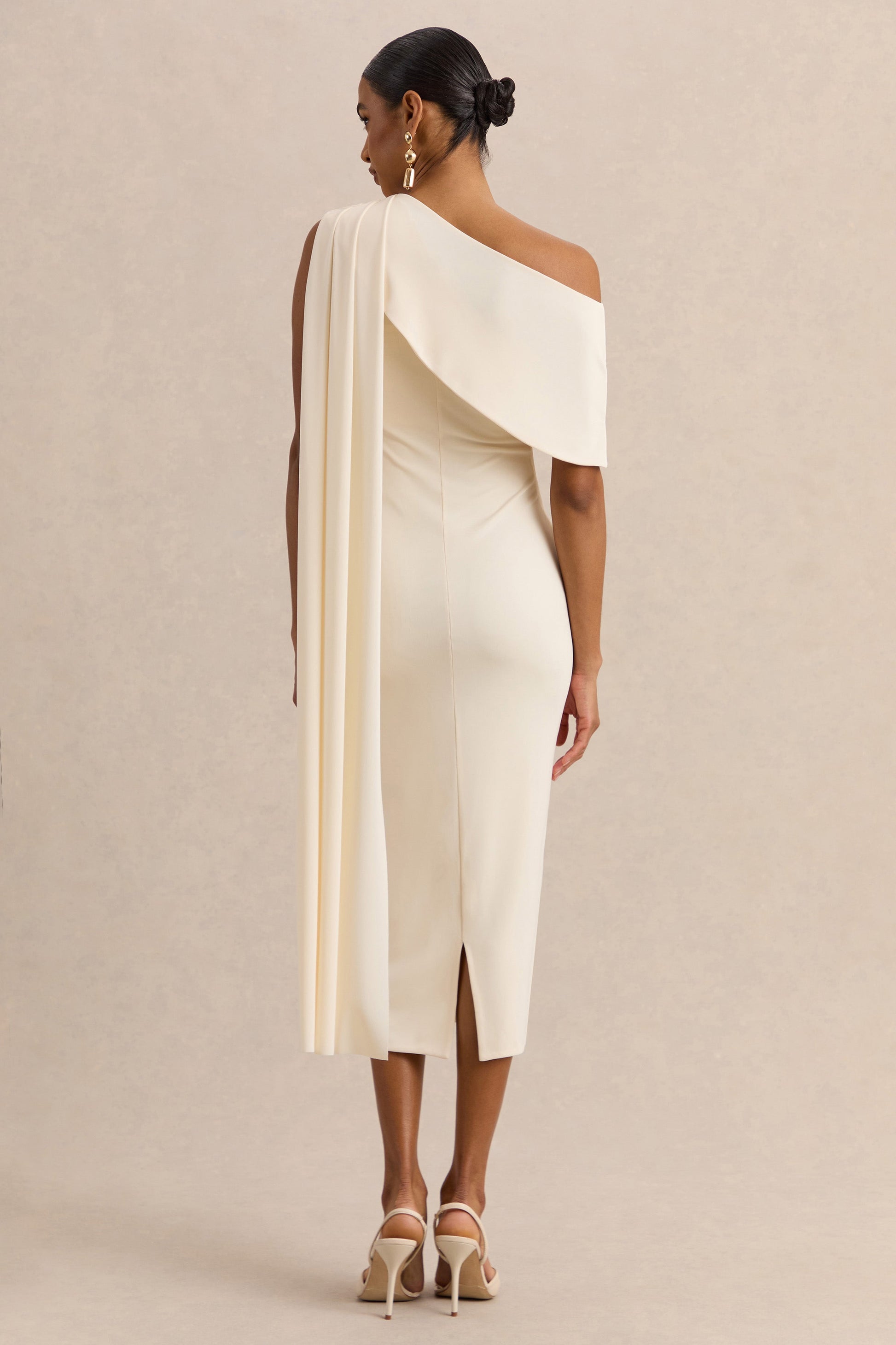 Madelisse | Cream Asymmetric-Neck Midi Dress With Sash