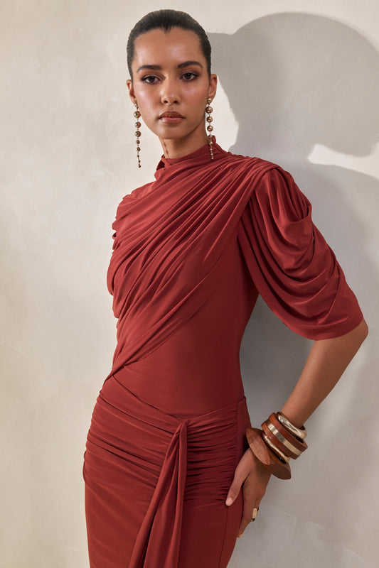 Fenicia | Rust High-Neck Thong Bodysuit With Cape Detail