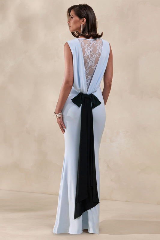 Elladine | Powder Blue Round-Neck Maxi Dress With Lace-Back And Bow-Detail