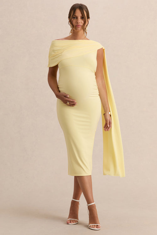 Braelyn | Lemon Asymmetric-Neck Maternity Midi Dress With Gathered Detailing And Sash