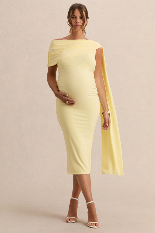 Braelyn | Lemon Asymmetric-Neck Maternity Midi Dress With Gathered Detailing And Sash
