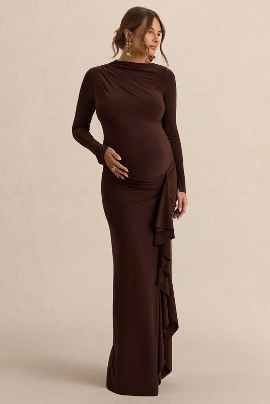 Kamira | Dark Brown Round-Neck Maternity Maxi Dress With Gathered Detailing