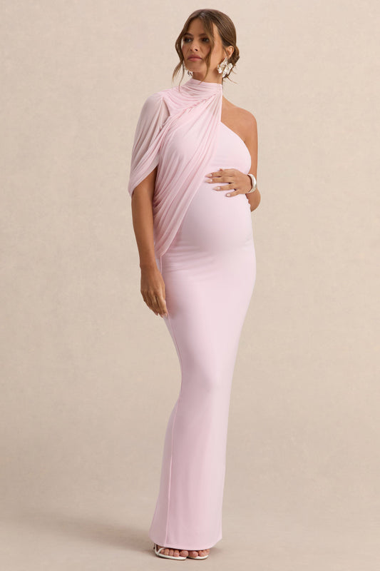 Merella | Light Pink High Neck Maternity Maxi Dress With Cape Sleeve
